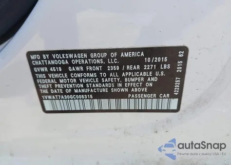 2016 Volkswagen Passat 1.8T S z USA, uszkodzony, nr VIN 1VWAT7A30GC005315